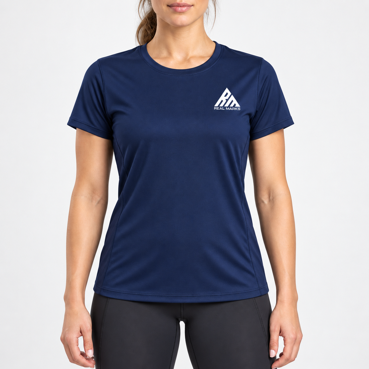 Real Marks women's performance training T-shirt in navy, front view