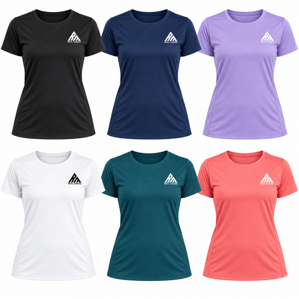 Real Marks women's performance training T-shirt shown in six color options