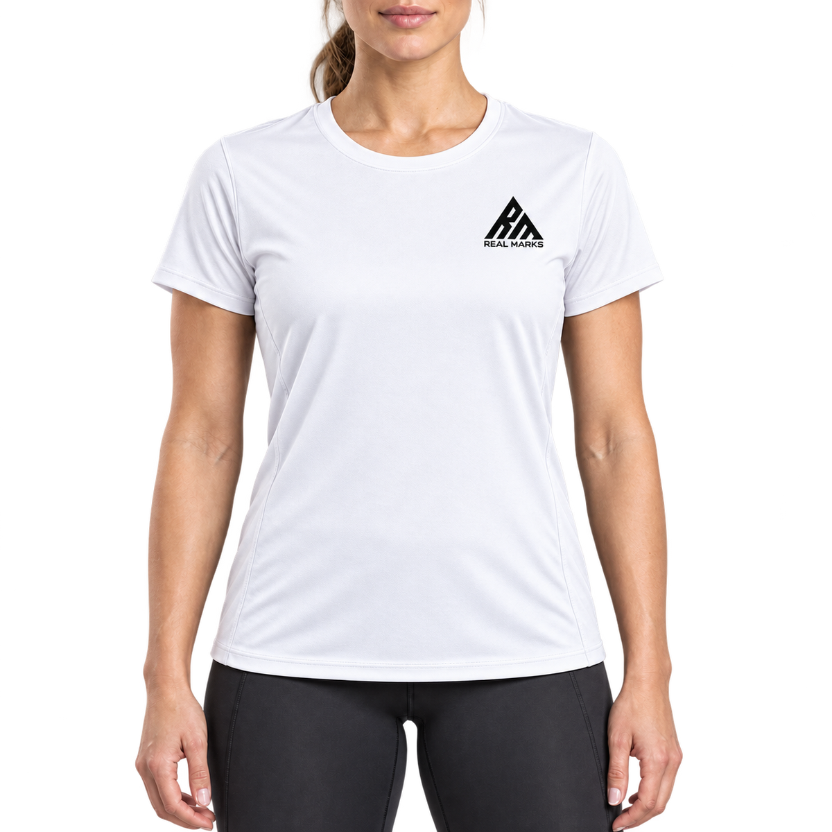 Real Marks women's performance training T-shirt in white, front view