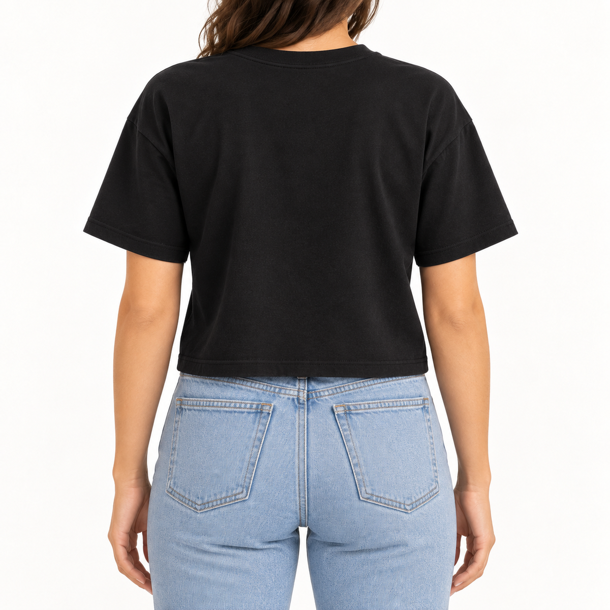 Real Marks women's relaxed crop T-shirt in black, back view