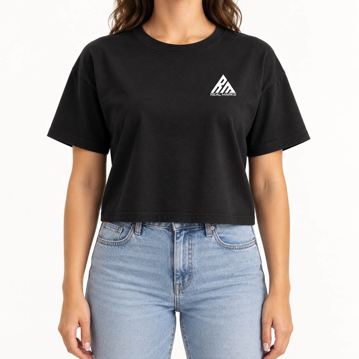 Real Marks women's relaxed crop T-shirt in black, front view