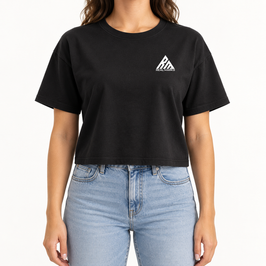 Real Marks women's relaxed crop T-shirt in black, front view