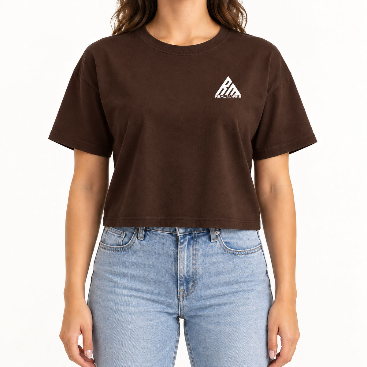 Real Marks women's relaxed crop T-shirt in chocolate brown