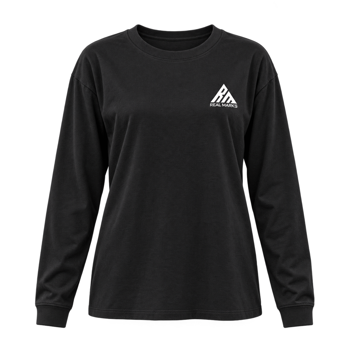 Real Marks Women's Relaxed Long-Sleeve T-Shirt in black, front view