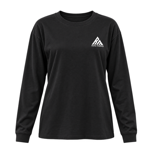 Real Marks Women's Relaxed Long-Sleeve T-Shirt in black, front view