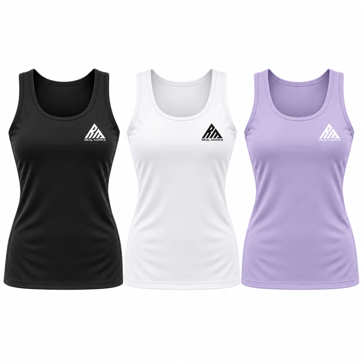 Real Marks Women's Training Tank in black, white and lavender