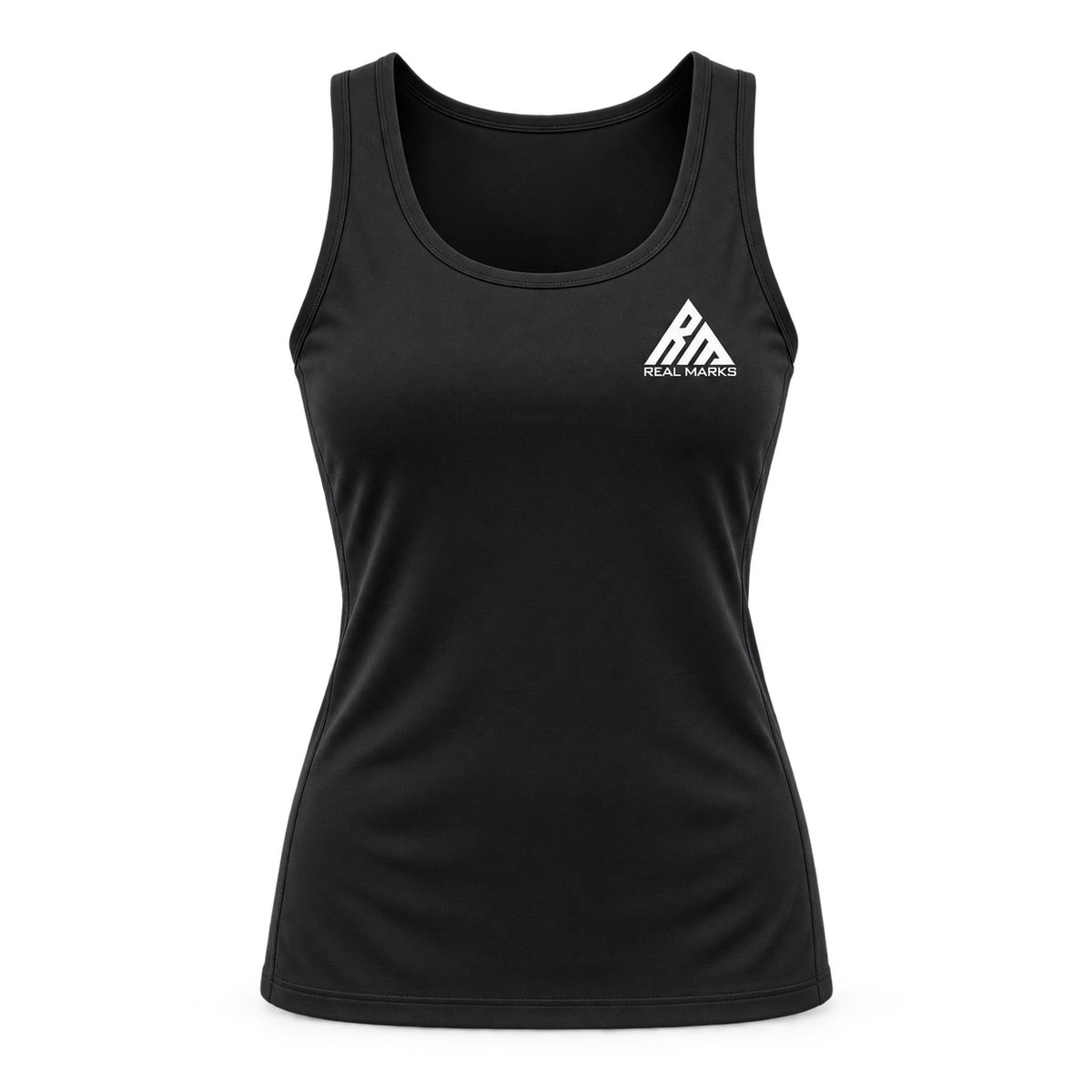 Real Marks Women's Training Tank in black, front view